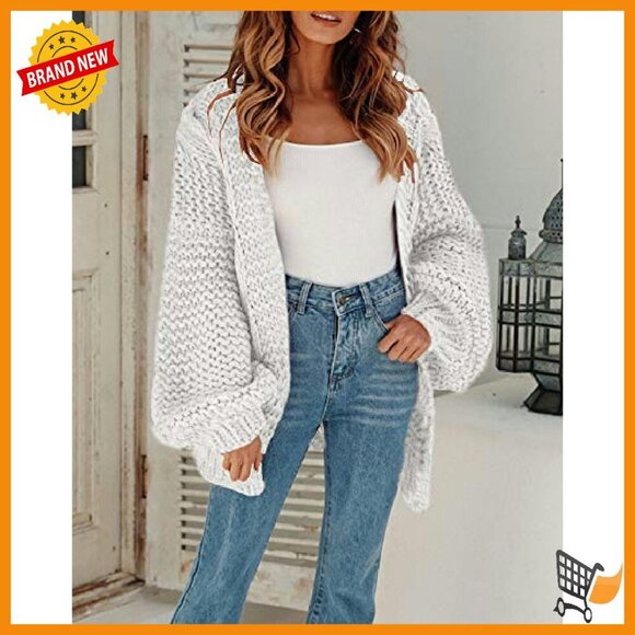 Oversized Chunky Knit Cardigan Open Front Lantern Sleeve Sweater - Picture 3 of 7